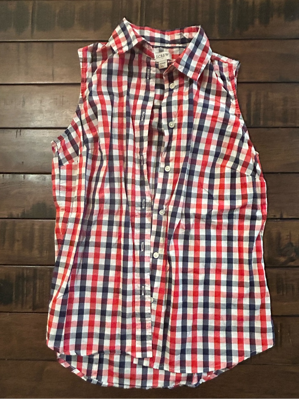 J. Crew Red White and Blue Plaid Sleeveless Button-Up Shirt